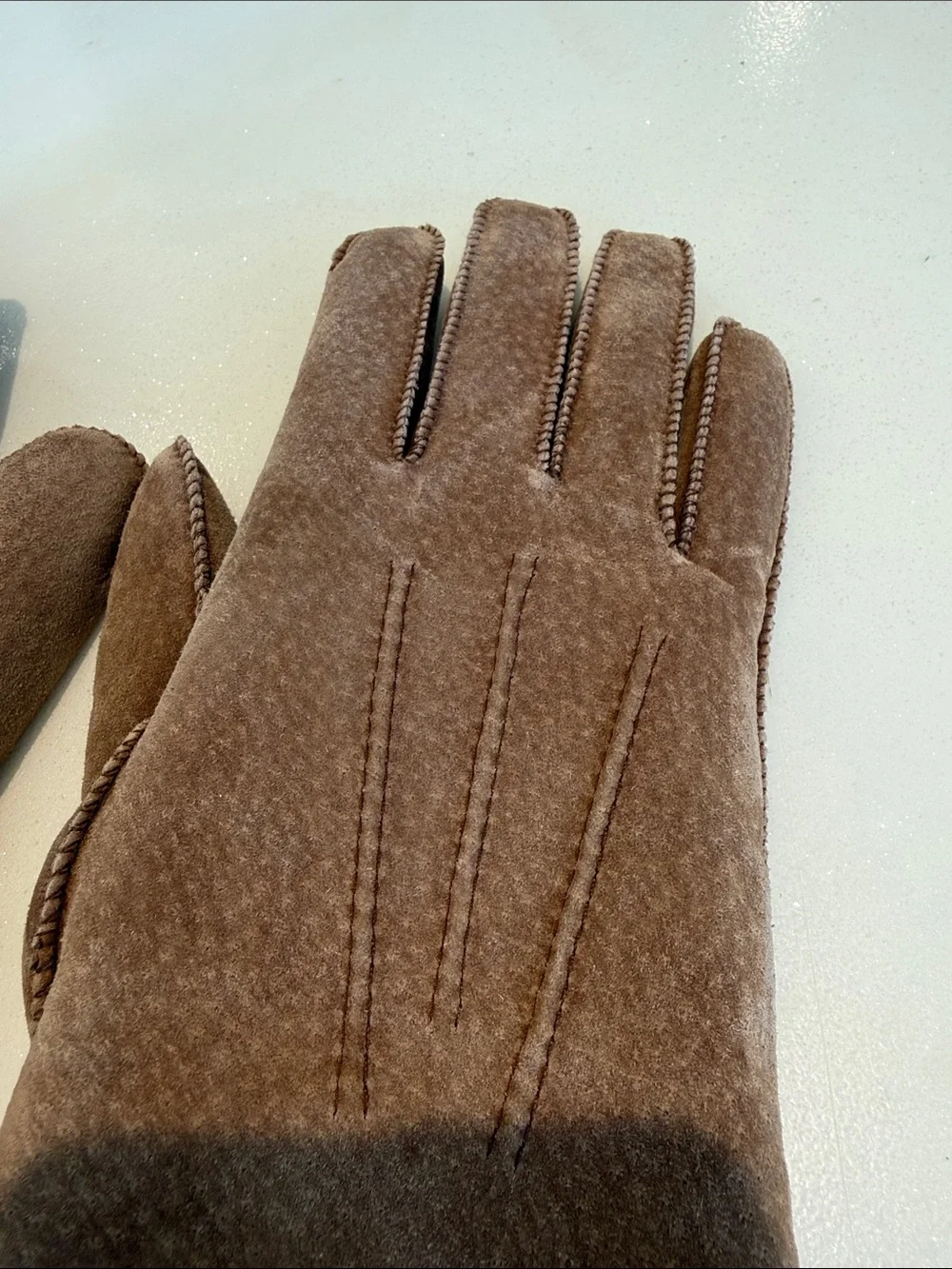 Brown Suede Faux Shearling-Trim Winter Gloves